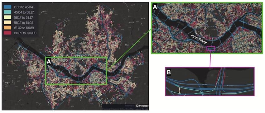 본문 이미지 - 카카오내비는 도로 진출입을 위한 대기열로 인해 사용자의 경로 이탈이 잦아지는 도로 구간(동작대교 남단 - 올림픽대로 등)도 오른쪽 하단의 이미지(B)와 같이 운전자의 행동 데이터를 경로 탐색에 반영한다. (카카오모빌리티 제공)