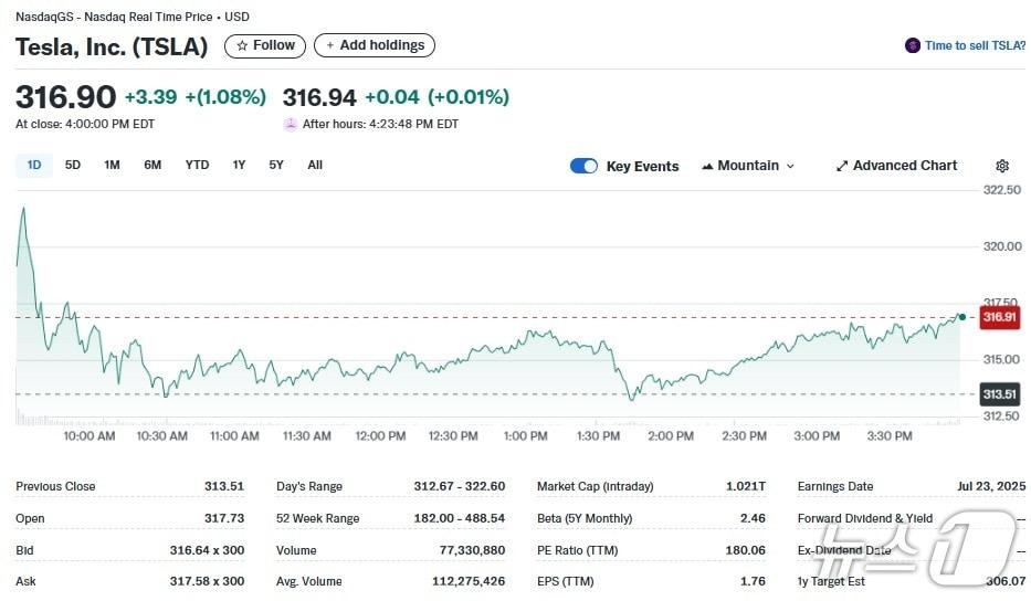 본문 이미지 - 테슬라 일일 주가추이 - 야후 파이낸스 갈무리
