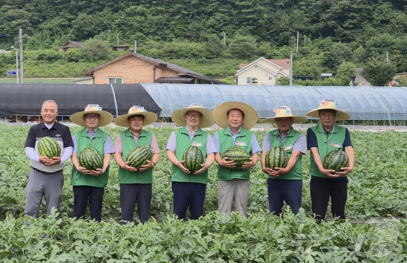 봉화군 재산지구에서 15일 박현국 봉화군수,김주령 도 농축산국장,박창욱 도의원 등이 수박수확을 하고 있다.(오른쪽부터 3번째 봉화군수, 4번째김주령도농축산유통국장,5번째박창욱도의원) ⓒ News1 김대벽기자