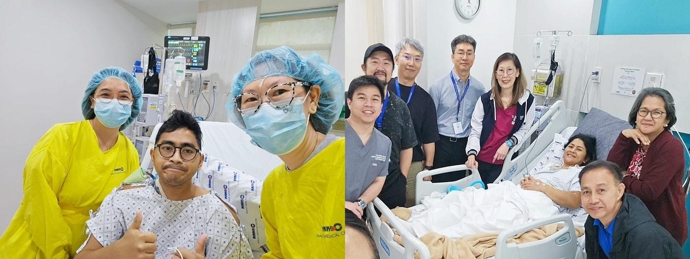 서울아산병원 간이식팀(김기훈·안철수·김상훈 간이식·간담도외과 교수, 송준걸·권혜미 마취통증의학과 교수, 수술간호팀)이 지난달 18일 필리핀 마카티병원에서 생체 간이식 수술을 성공하고 필리핀 현지 의료진과 함께 수술실 앞에서 기념사진을 촬영하고 있다(서울아산병원 제공)