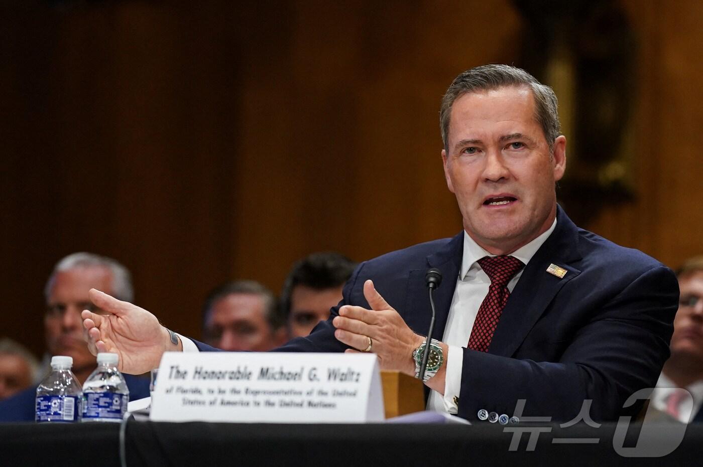 15일&#40;현지시간&#41; 마이크 왈츠 유엔 주재 미국 대사 지명자가 상원 외교위원회 인준청문회에 참석해 발언하고 있다. 2025.07.15 ⓒ 로이터=뉴스1 ⓒ News1 김지완 기자