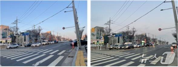 본문 이미지 - 대구 서구 새방지하차도동편 개선 전(왼쪽)·후 현장 사진(한국도로교통공단 대구지부 제공.재판매 및 DB금지)