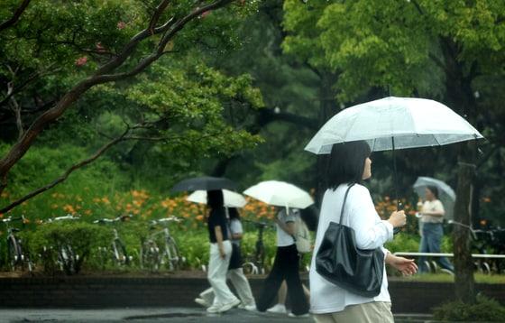 본문 이미지 - 전북 전주시 전북대학교 캠퍼스에서 우산을 쓴 시민들이 발걸음을 재촉하고 있다. 2025.7.16 ⓒ 뉴스1 유경석 기자