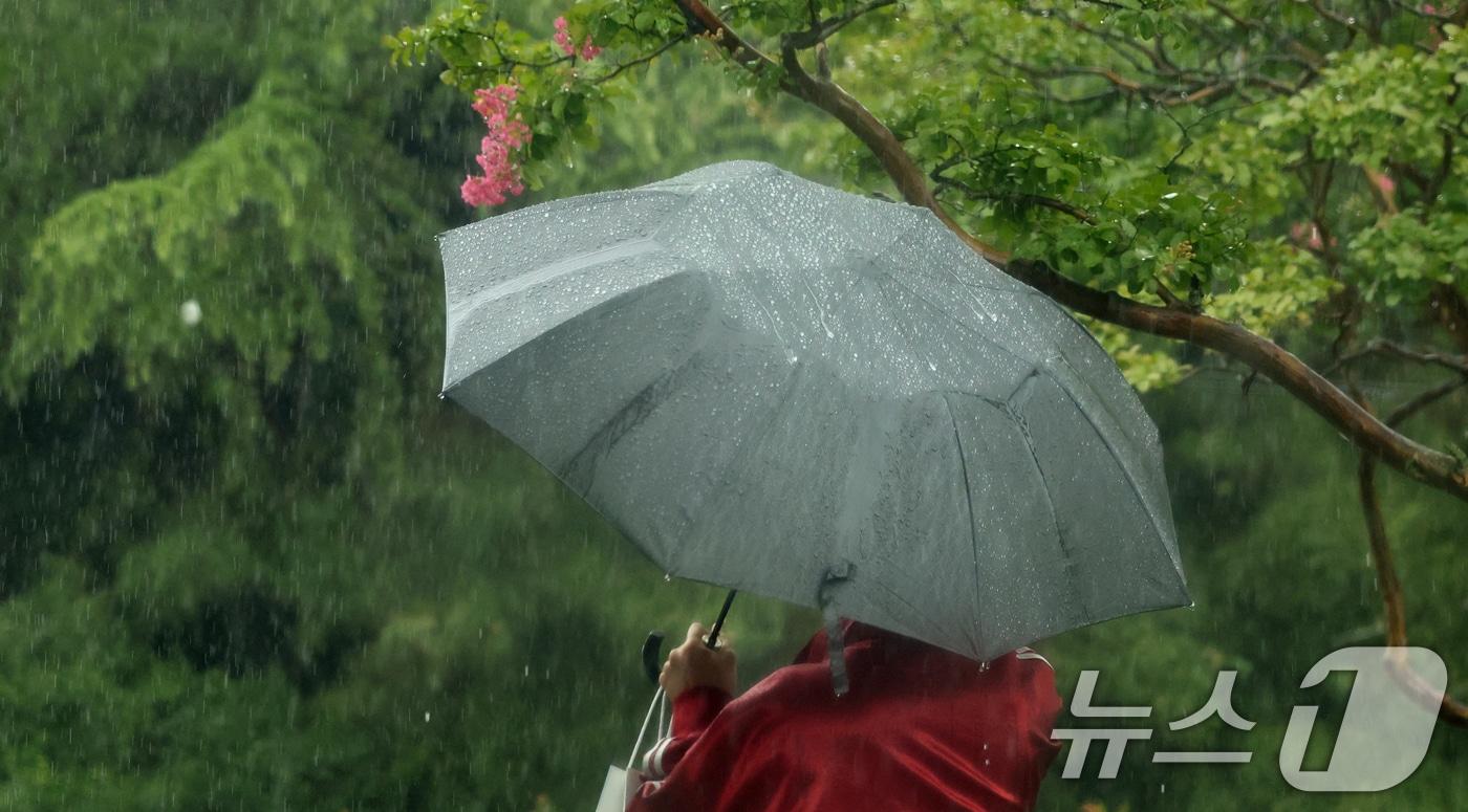 전북 전주시 전북대학교 캠퍼스에서 우산을 쓴 시민들이 발걸음을 재촉하고 있다. 2025.7.16/뉴스1 ⓒ News1 유경석 기자