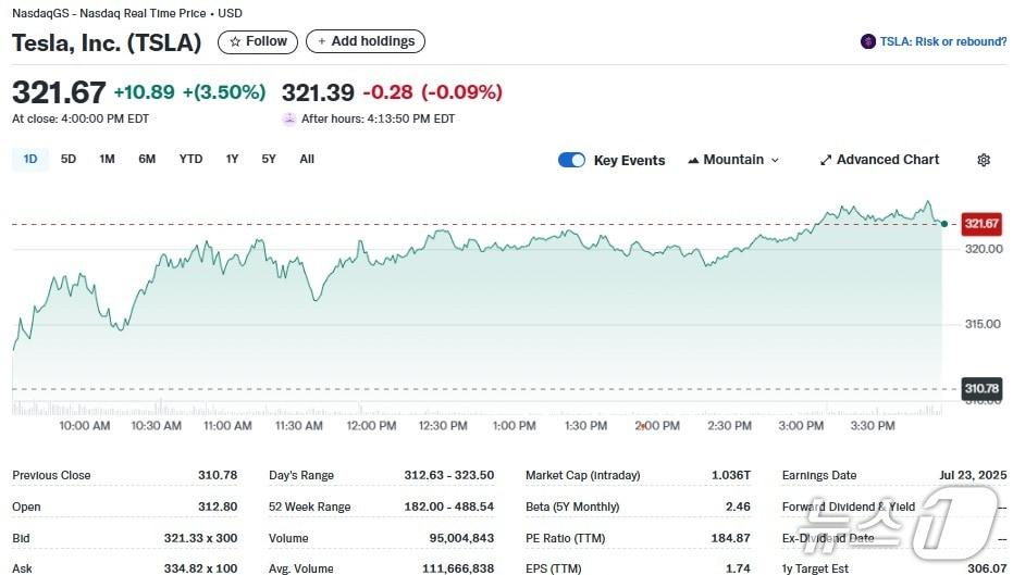 본문 이미지 - 테슬라 일일 주가추이 - 야후 파이낸스 갈무리
