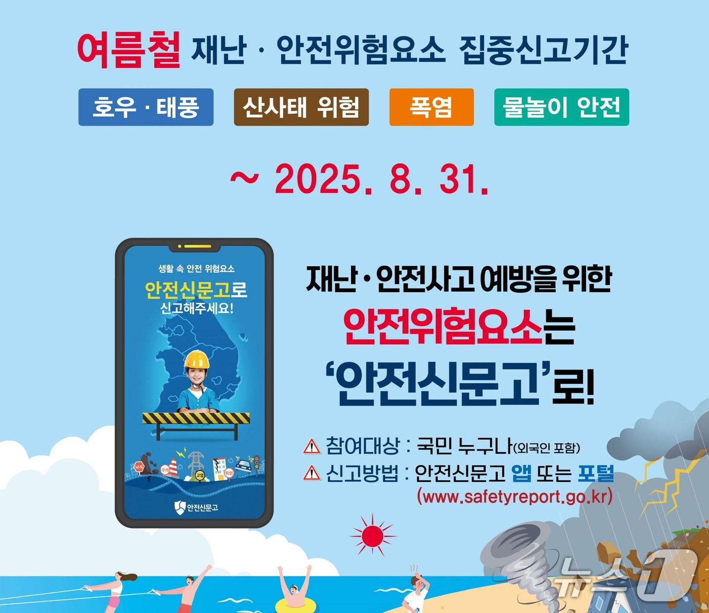 본문 이미지 - 공주시가 여름철 폭염과 물놀이 등과 관련된 각종 안전사고를 예방하기 위해 ‘안전신문고 여름철 집중신고제’를 운영한다.