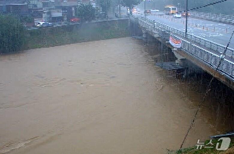 본문 이미지 - 시간당 80㎜의 극한 호우가 쏟아진 지난 17일 홍수주의보가 발효된 광주 풍영정천2교의 모습. &#40;영산강홍수통제소 갈무리. 재판매 및 DB 금지&#41; 2025.7.17/뉴스1 ⓒ News1 이승현 기자