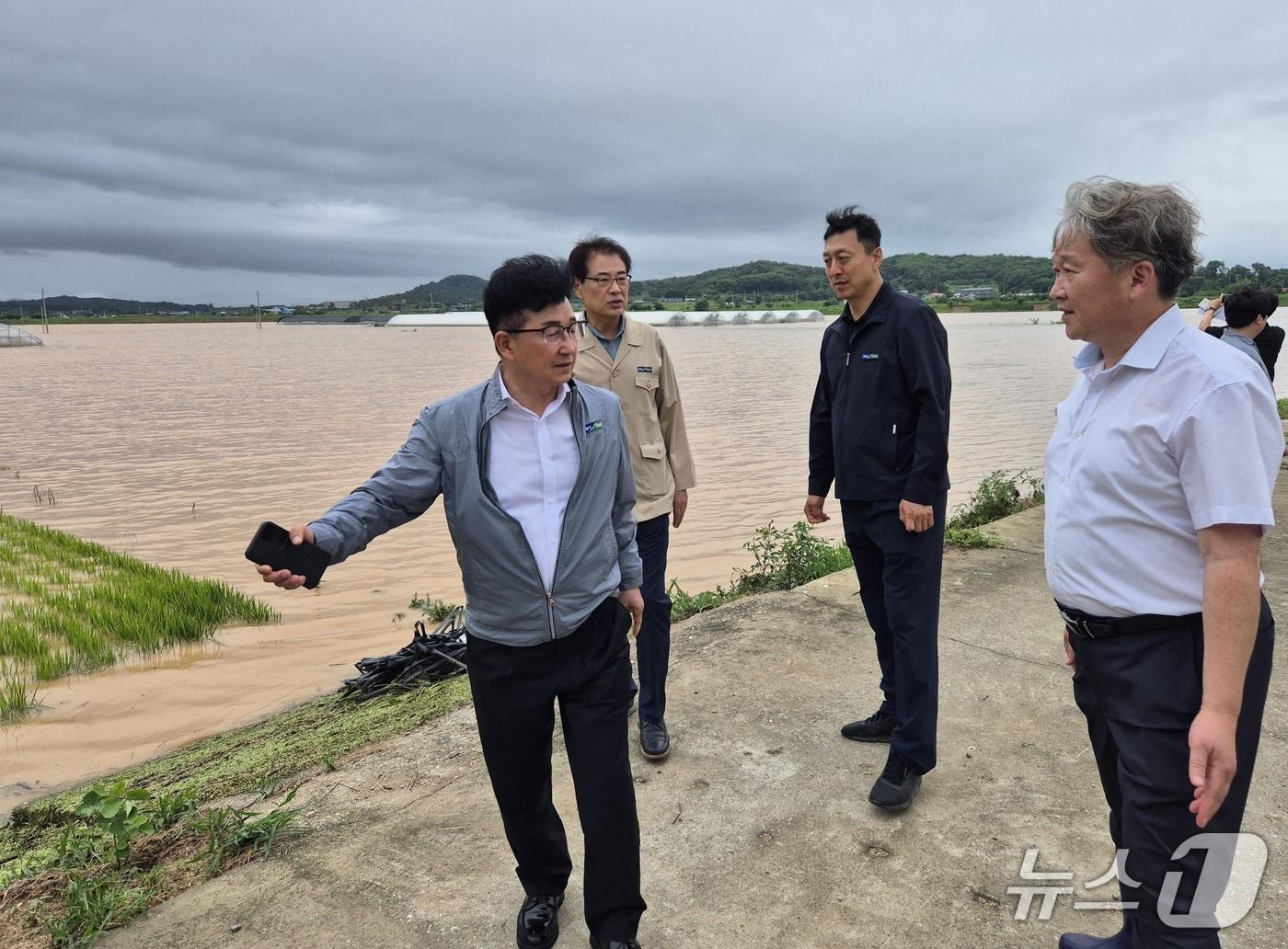 본문 이미지 - 송춘수 NH농협손해보험 대표이사는 지난 17일 집중호우로 큰 피해를 입은 충남 당진을 방문해 피해 현황을 점검하고, 농업인들을 위로하는 한편 신속한 사고조사를 약속했다고 18일 밝혔다. 송춘수 대표이사(사진 왼쪽)가 농경지 피해 현장을 점검하고 있다./사진제공=NH농협손해보험