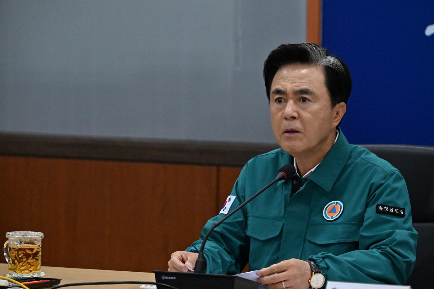 김태흠 충남지사가 18일 정부서울청사에서 열린 집중호우 대처 상황 점검 회의에 영상으로 참석해 도내 피해 상황을 설명하고 있다.(충남도 제공. 재판매 및 DB금지)/뉴스1