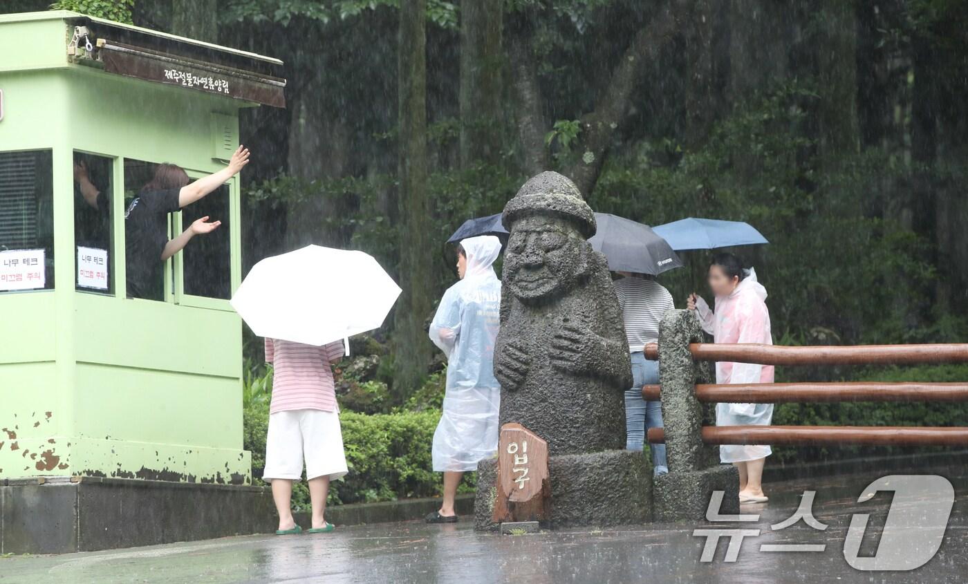 제주도 산지·북부 중산간에 호우특보가 내려진 18일 오후 제주시 봉개동 절물자연휴양림에 많은 비가 내려 탐방객이 급히 발걸음을 옮기고 있다. 2025.7.18/뉴스1 ⓒ News1 오현지 기자
