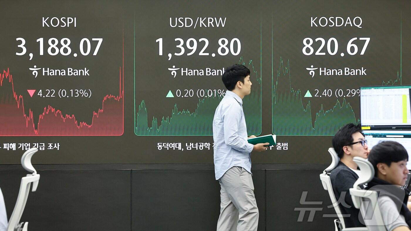 서울 중구 하나은행 본점 딜링룸 전광판./뉴스1 ⓒ News1 김도우 기자