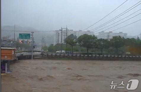 본문 이미지 - 19일 낮 12시쯤 의령천 의령군 공단교 지점 모습(낙동강홍수통제소 홈페이지 캡처. 재판매 및 DB금지)