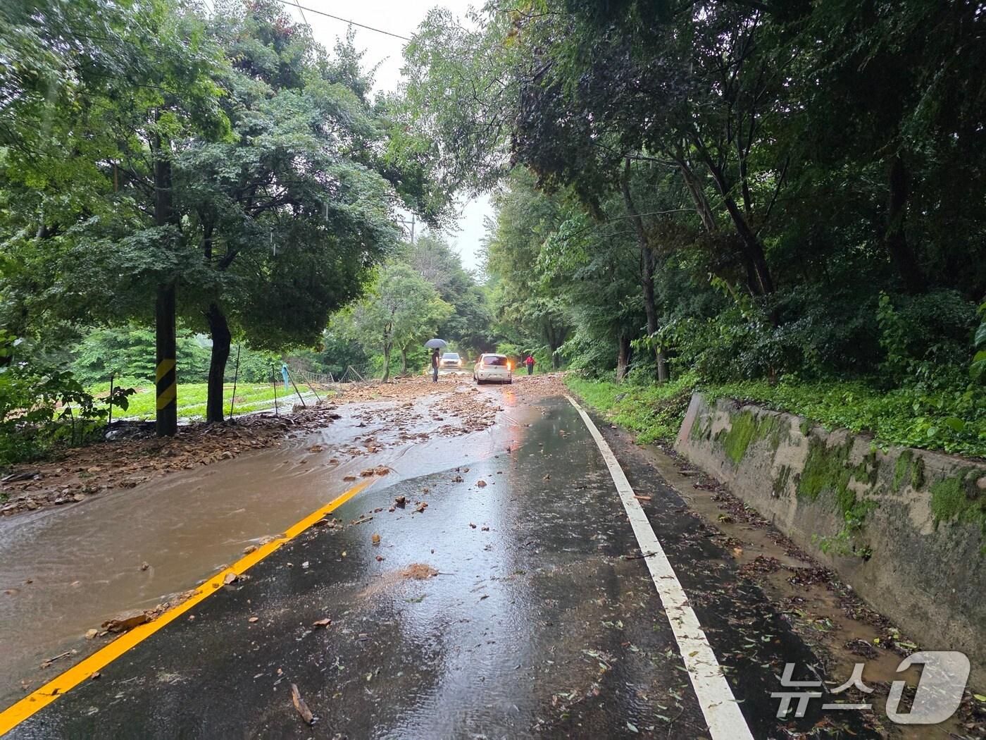 본문 이미지 - 전북 장수군 천천면 비룡리 마을 입구도로에 토사가 흘러 내렸다.(전북 소방 제공. 재판매 및 DB금지)