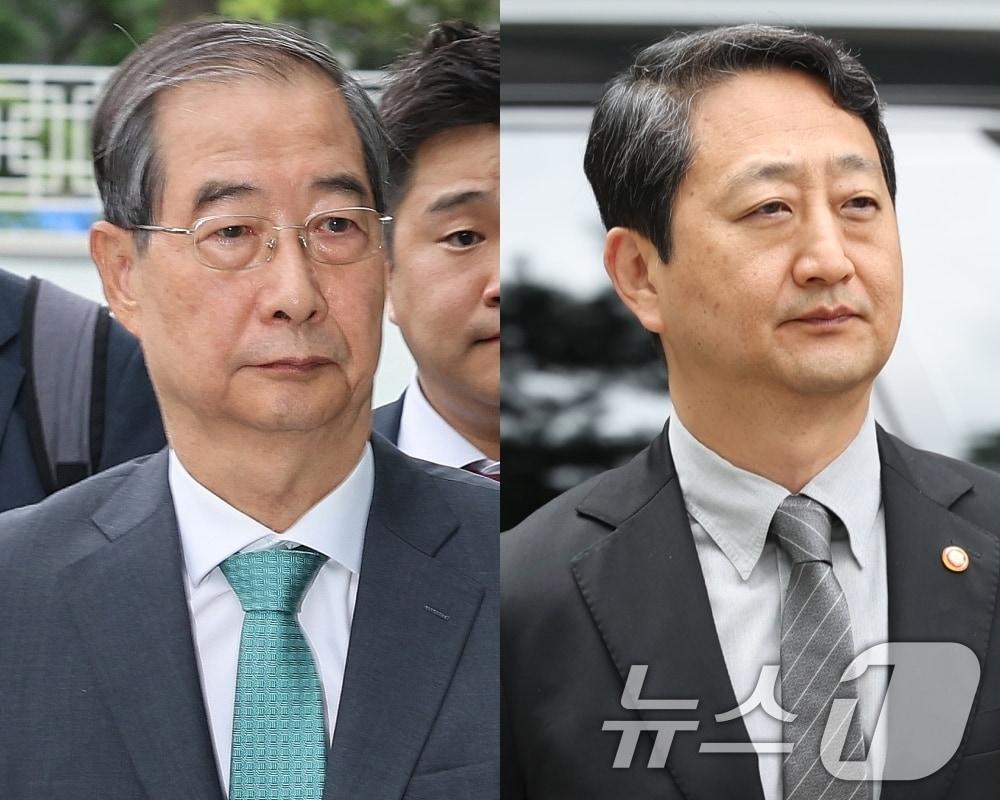 본문 이미지 - 한덕수 전 국무총리(왼쪽)과 안덕근 산업통상자원부 장관이 2일 내란특검 조사를 받기 위해 각각 서울 서초구 서울고검 청사로 출석하고 있다. 2025.7.2/뉴스1 ⓒ News1 이동해 기자