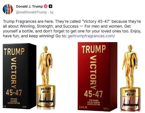 본문 이미지 - 도널드 트럼프 대통령은 1일(현지시간) 소셜미디어 엑스에 자신의 이름을 딴 향수를 홍보하고 있다. (사진 트럼프 엑스 캡쳐)