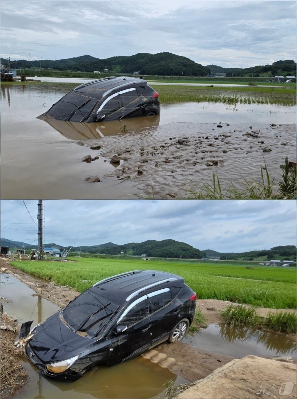 본문 이미지 - 20일 충남 아산 염치읍 곡교리에서 폭우로 침수됐던 차량&#40;사진 위&#41;이 물이 빠지면서 모습을 드러냈다. 2025.7.20/뉴스1 ⓒ News1 이시우 기자