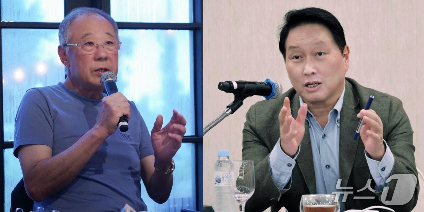 류진 한국경제인협회 회장&#40;왼쪽&#41;과 최태원 대한상공회의소 회장이 각각 2025년 하계포럼에서 기자간담회를 진행하고 있다.&#40;한경협·대한상의 제공&#41;