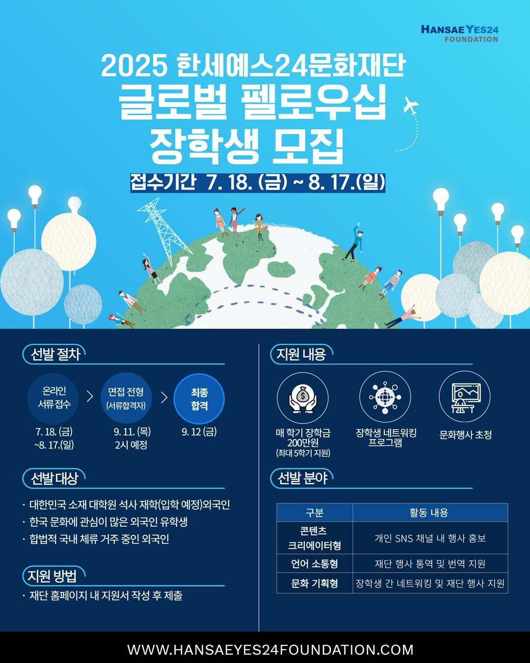 본문 이미지 - 한세예스24문화재단은 '2025 글로벌 펠로우십'(Global Fellowship) 장학생을 모집한다.(한세예스24문화재단제공)