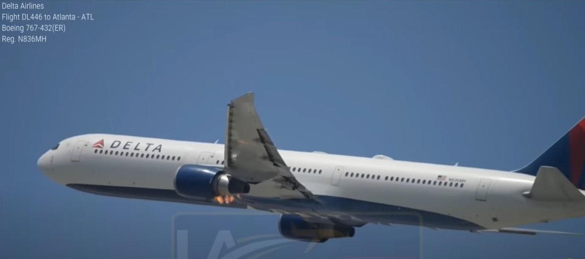 본문 이미지 - 왼쪽 엔진에 불이 난 델타항공 446편 보잉 767. &#40;유튜브 &#39;L.A FLIGHTS&#39;&#41;