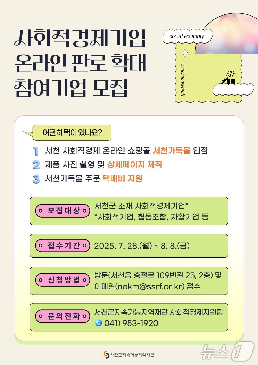 본문 이미지 - 서천군지속가능지역재단, 사회적경제기업 온라인 판로지원사업 참여기업 모집 포스터. (서천군 제공. 재판매 및 DB금지)2025.7.21/뉴스1