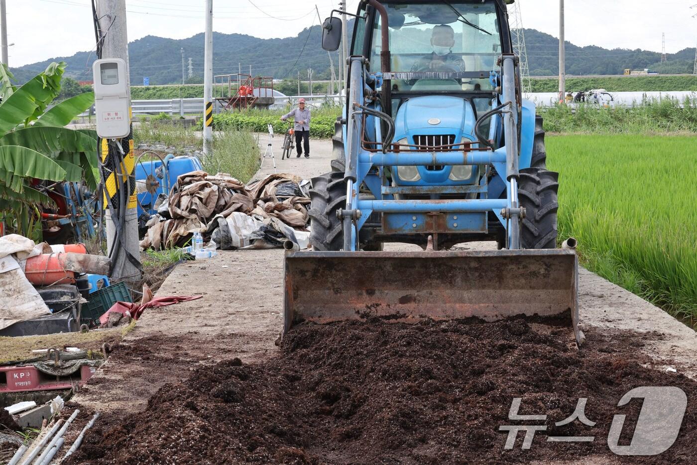 21일 광주 북구 용강동의 한 딸기집하장에서 수해 피해를 입은 농민이 경운기로 상토 등을 치우고 있다. 2025.7.21/뉴스1 ⓒ News1 박지현 기자