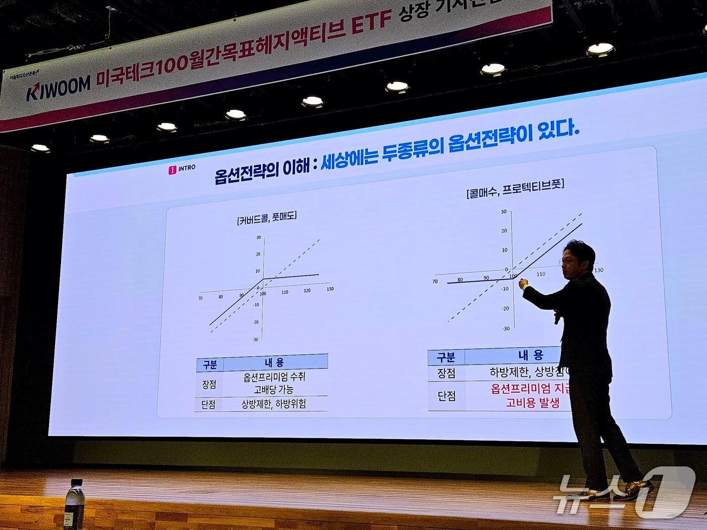 본문 이미지 - 이경준 키움투자자산운용 상무가 21일  'KIWOOM 미국테크100월간목표헤지액티브 ETF' 상장 기자간담회에서 발표를 진행하고 있다.  2025.7.21/뉴스1 ⓒ News1 문혜원 기자