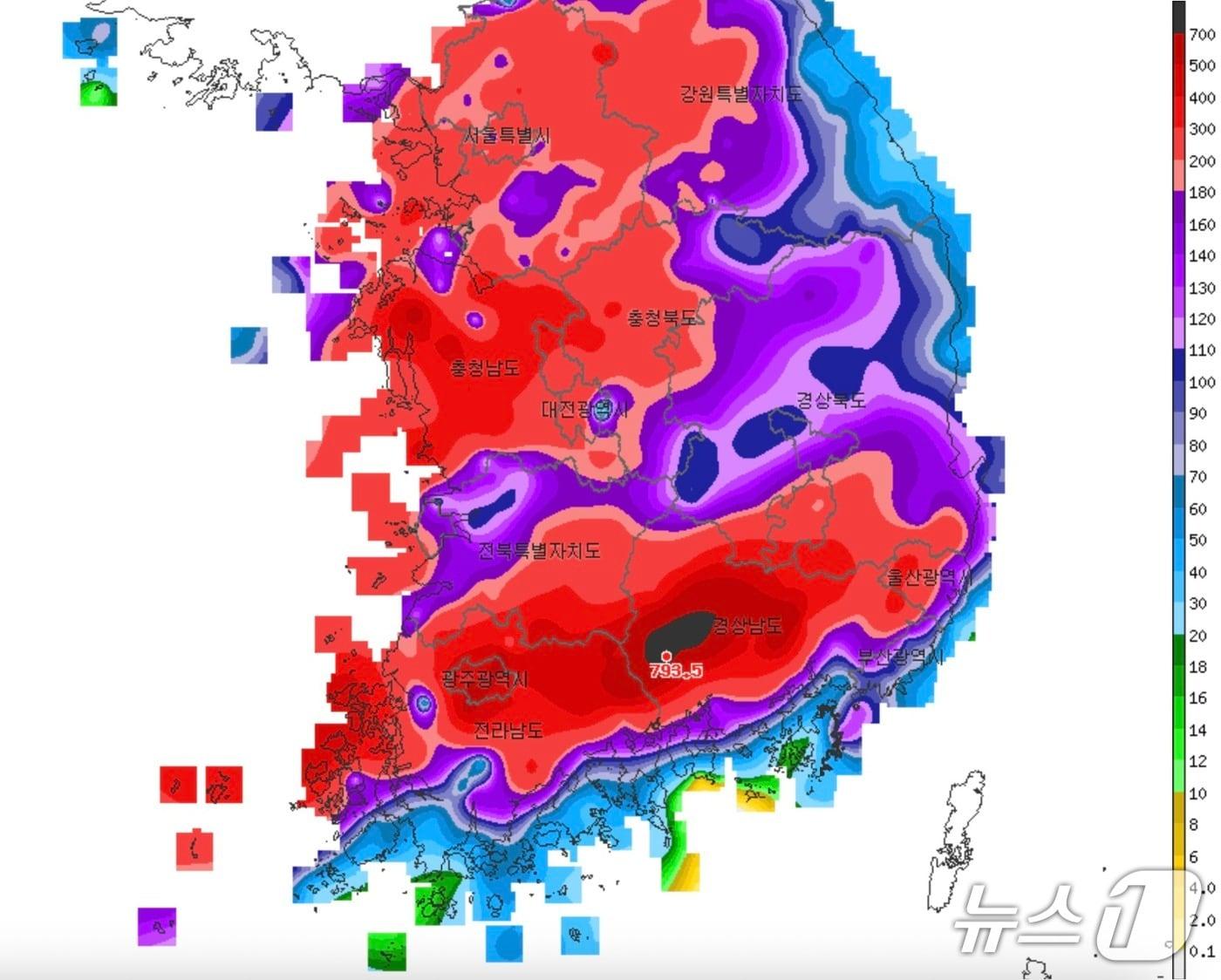 본문 이미지 - 16~20일 전국 누적 강수량 분포도(기상청 제공) ⓒ 뉴스1