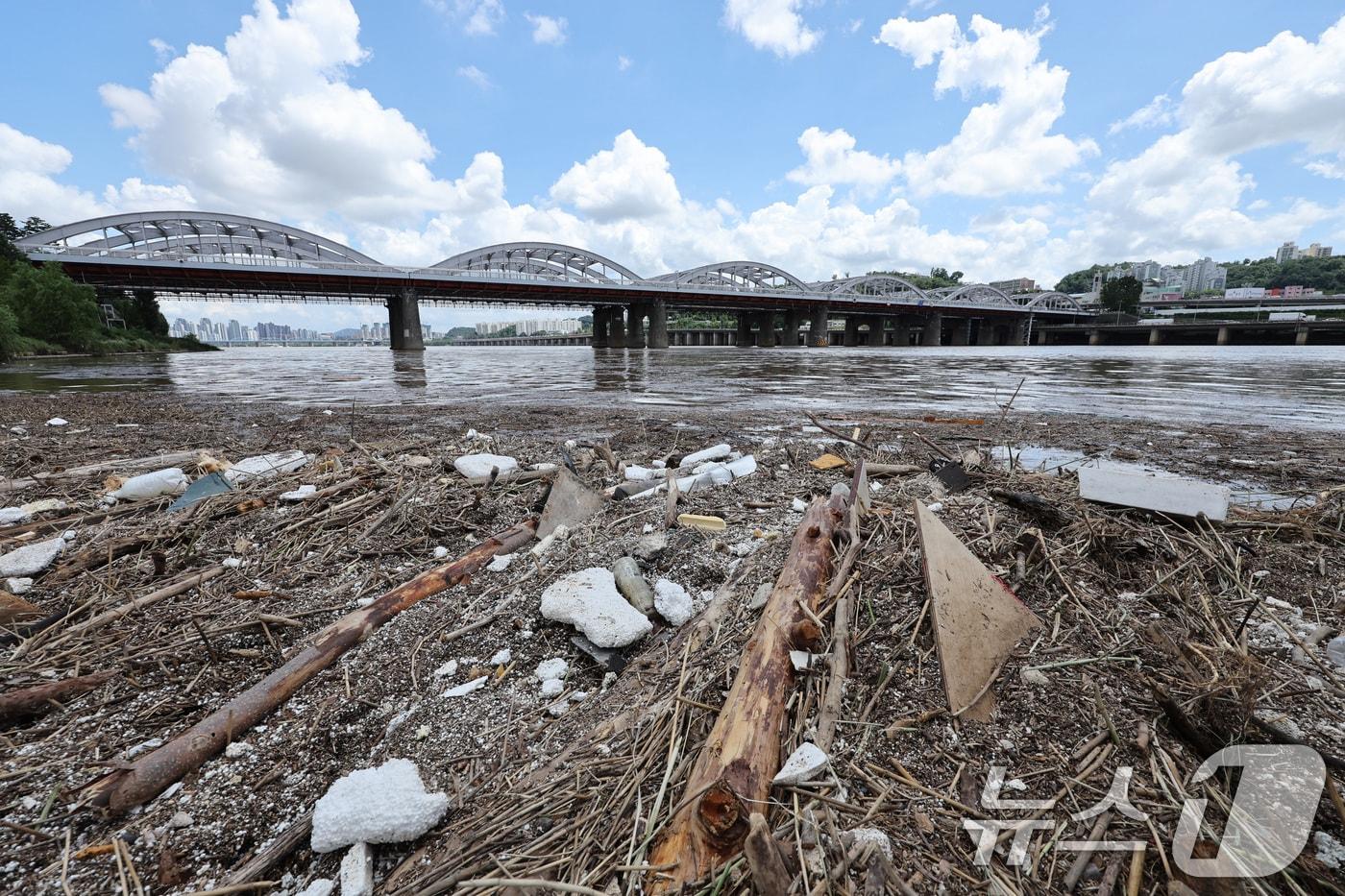 전국적인 집중 호우가 멈춘 가운데 21일 오후 서울 노들섬에 쌓인 부유물 뒤로 푸른 하늘이 펼쳐져 있다. 2025.7.21/뉴스1 ⓒ News1 신웅수 기자