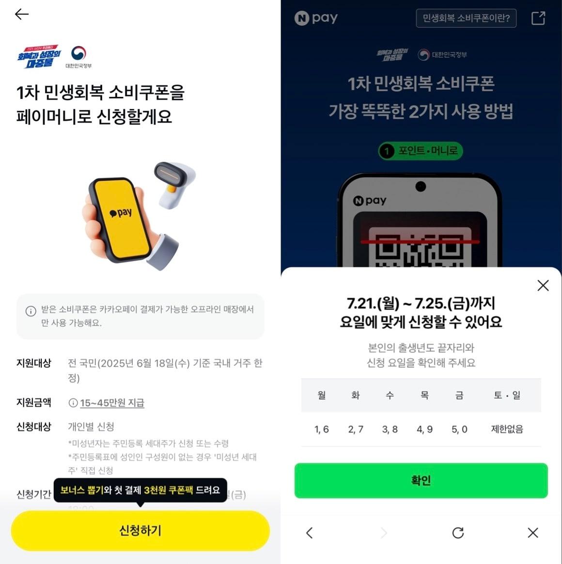 본문 이미지 - 카카오페이&#40;왼쪽&#41;와 네이버페이의 &#39;민생회복 소비쿠폰&#39; 신청 안내 화면 &#40;각 애플리케이션 화면 캡처&#41;