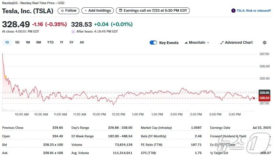 본문 이미지 - 테슬라 일일 주가추이 - 야후 파이낸스 갈무리