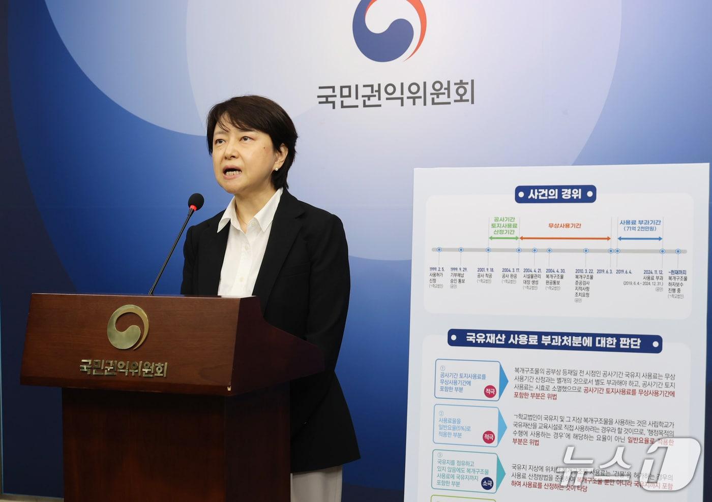 국민권익위원회 유현숙 행정심판국장이 16일 세종시 정부세종청사에서 국가철도공단이 국유지 철도용지 및 지상 시설물인 복개구조물을 사용 중인 A학교법인에 부과한 약 71억 2000만원의 사용료 부과처분을 취소했다고 밝히고 있다. (권익위 자료 제공)