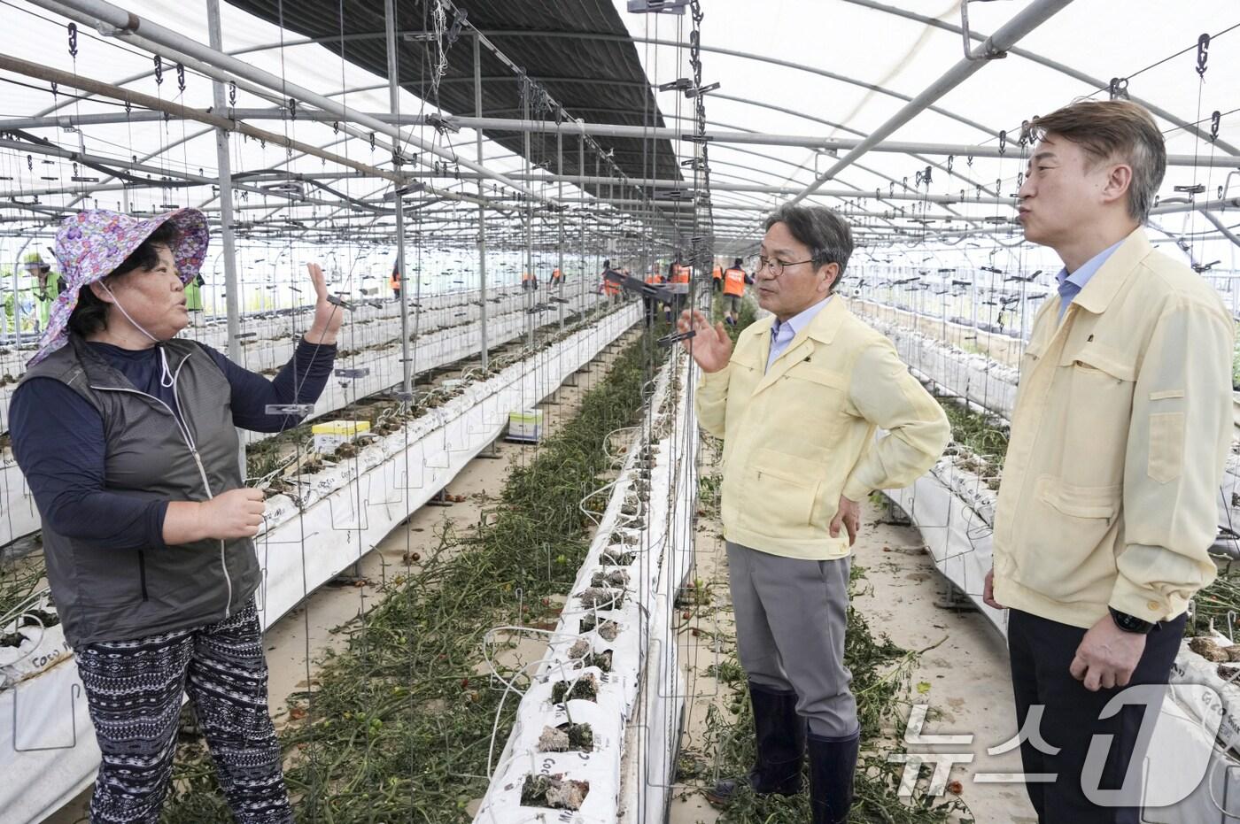 강기정 광주시장이 22일 오전 수해 피해를 입은 서구 마륵동 토마토 재배 시설하우스 찾아 김이강 서구청장과 자원봉사자들을 격려한 뒤 피해 상황을 점검하고 있다.&#40;광주시 제공. 재판매 및 DB 금지&#41; 2025.7.22/뉴스1