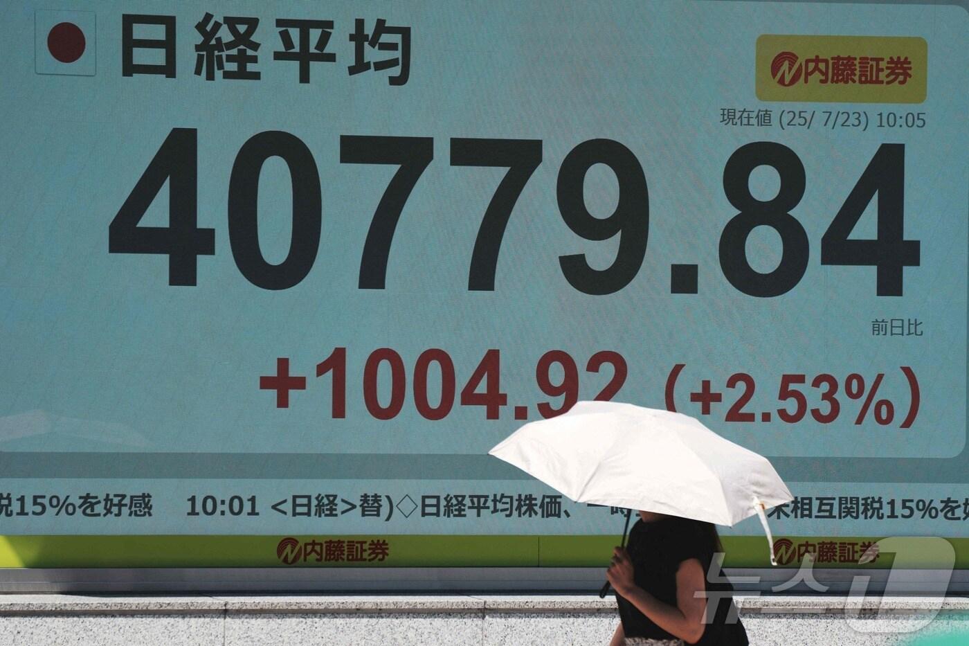 한 여성이 23일 도쿄 증권거래소의 주식 전광판 앞을 지나가고 있다. / 2025.7.23ⓒ AFP=뉴스1