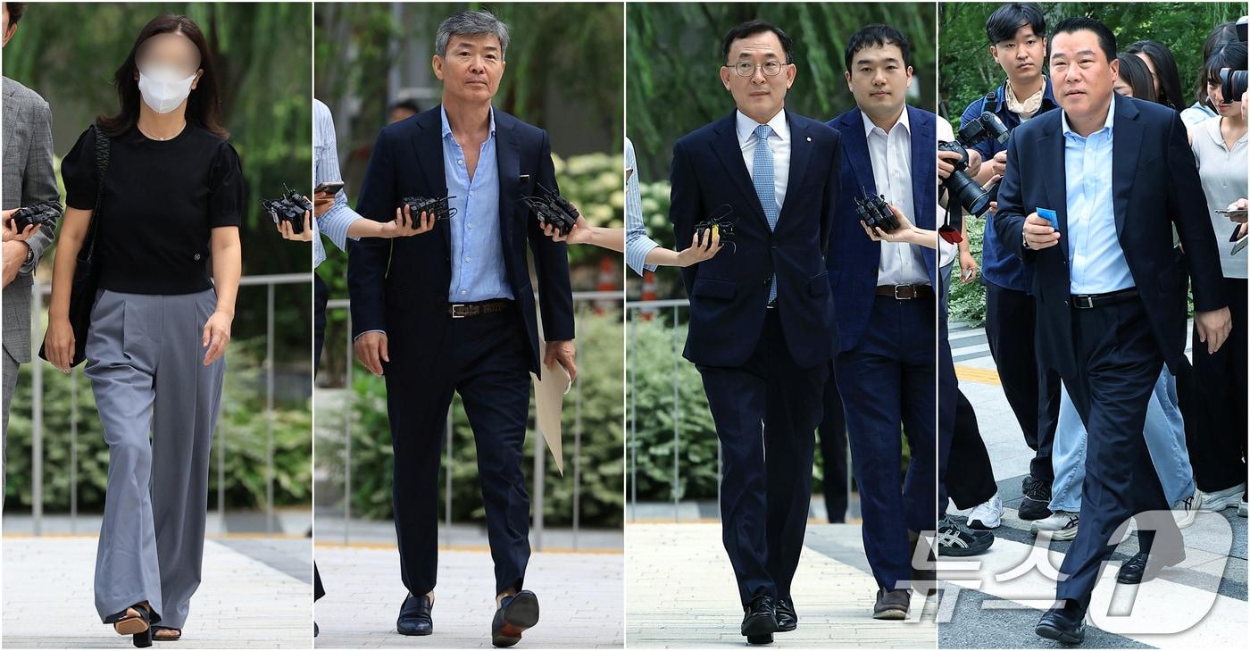 23일 서울 종로구 김건희 특검팀&#40;특별검사 민중기&#41;으로 ‘김건희 집사’ 김예성 씨 부인 정 모 씨&#40;왼쪽 사진부터&#41;와 이종호 전 블랙펄인베스트 대표, 정근수 전 신한은행 부행장, 최석우 경남스틸 대표가 각각 소환 조사에 출석하고 있다. 2025.7.23/뉴스1 ⓒ News1 박정호 기자