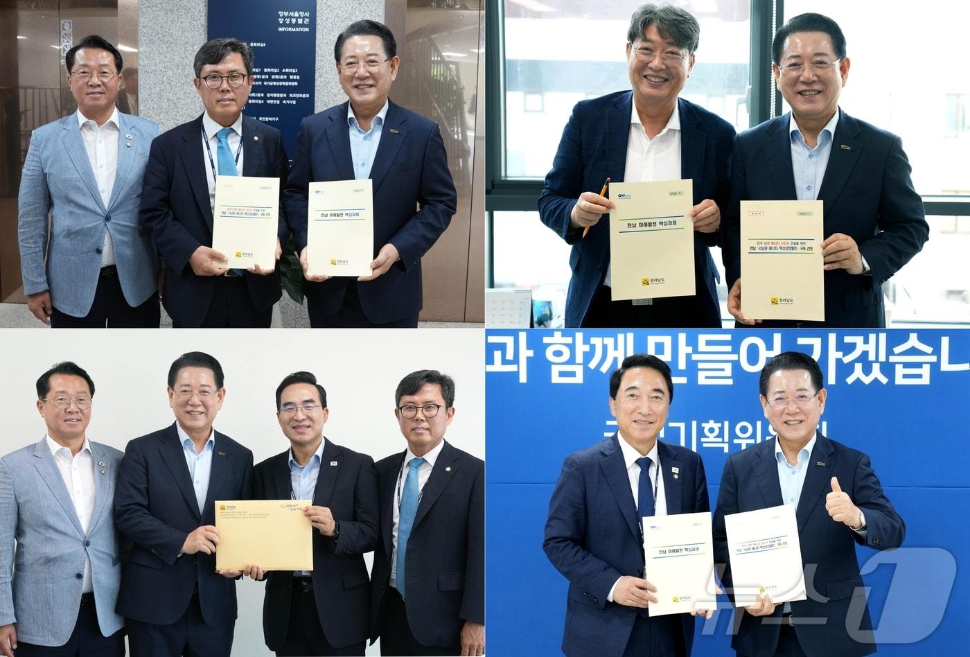 김영록 전남지사가 지역 핵심현안의 국정과제 반영을 위해 국회를 찾아 건의하고 있다. 왼쪽 위부터 시계방향으로 안도걸 기획분과 위원, 이춘석 국정기획위 경제2분과장, 박수현 균형성장특별위원장, 박홍근 국정기획분과장을 만나고 있는 김 지사.&#40;전남도 제공. 재배포 및 DB 금지&#41; 2025.7.23/뉴스1
