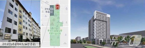 본문 이미지 - 구미시 평생학습원에서 구미 국가산업단지 근로자 주거 지원을 위한 오피스텔형 임대주택 &#39;청년드림타워&#39; 공사를 시작했다. 사진 왼쪽이 조감도.&#40;경북도 제공, 재판매 및 DB 금지&#41; ⓒ News1 김대벽기자