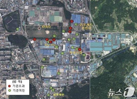 본문 이미지 - 광주 북구 본촌산업단지 오염조사 지점 및 기준초과 지점&#40;광주 북구 제공. 재판매 및 DB 금지&#41;