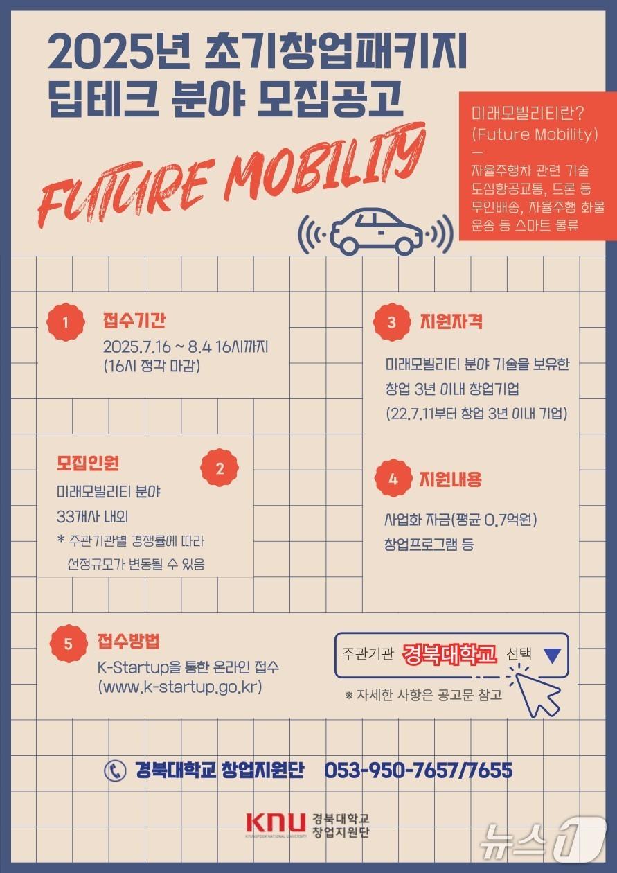 본문 이미지 - 경북대 창업지원단이 중소벤처기업부가 주관하는 '2025년 초기창업패키지 지원사업' 딥테크 분야 중 '미래모빌리티' 분야에 참여할 창업기업을 모집한다. (경북대 제공. 재판매 및 DB 금지)/뉴스1