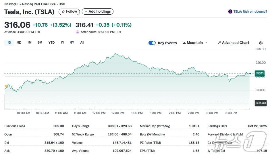 본문 이미지 - 테슬라 일일 주가추이 - 야후 파이낸스 갈무리