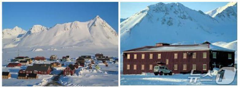 본문 이미지 - 니알슨 과학기지촌(사진 왼쪽)과 북극 다산과학기지(해양수산부 제공)