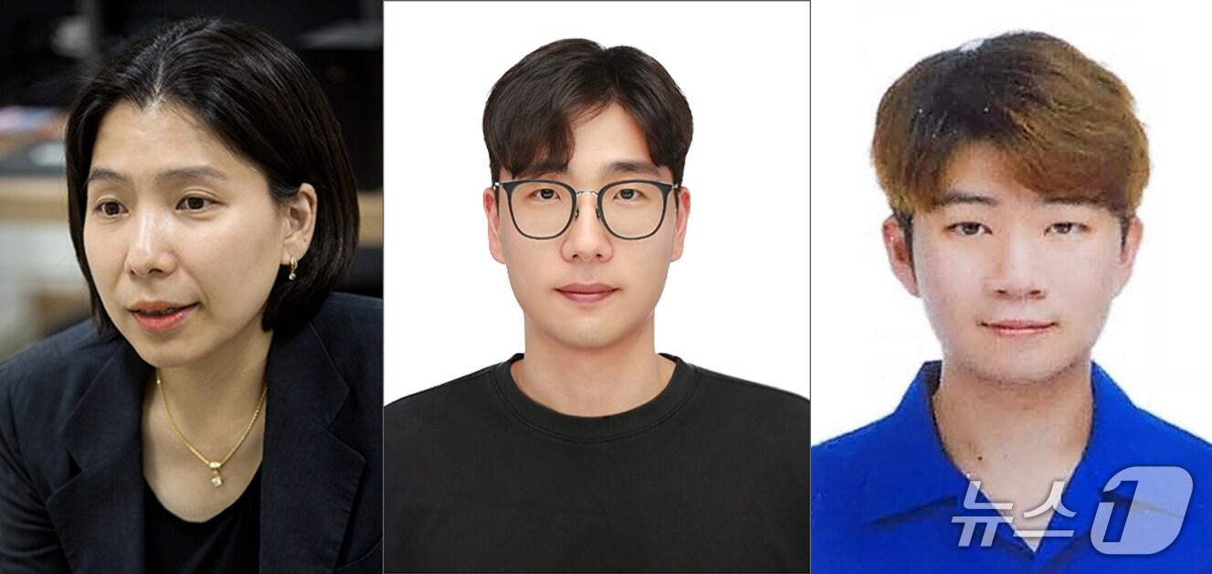 본문 이미지 - 전복 껍데기에서 영감을 받아 신소재 개발에 성공한 포스텍 화학과 박문정 교수(왼쪽)와 민재민 박사(가운데), 통합과정 이호준 씨.(포스텍 제공, 재판매 및 DB금자) 2025.7.28/뉴스1