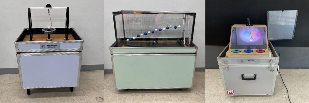 본문 이미지 - 과천과학관 싸이팝 전시품 예시. 왼쪽부터 자전거바퀴자이로, 뱀진자, 색깔그림자(과천과학관 제공)