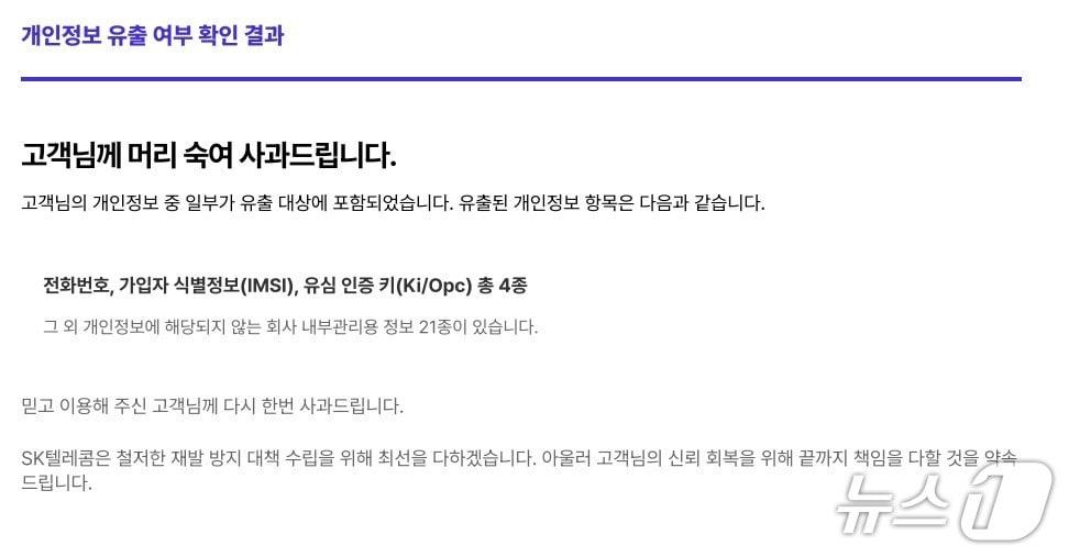 본문 이미지 - SKT 개인정보 유출 조회 결과(독자 제공)/뉴스1