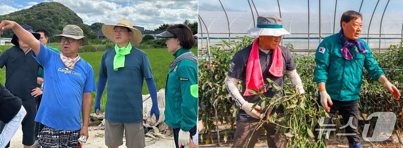 합천군 수해 현장에서 김정호 의원(왼쪽 사진 오른쪽 두번째), 윤재옥 의원(오른쪽 사진 왼쪽)과 김윤철 군수가 복구 작업을 벌이고 있다(합천군 제공. 재판매 및 DB금지).