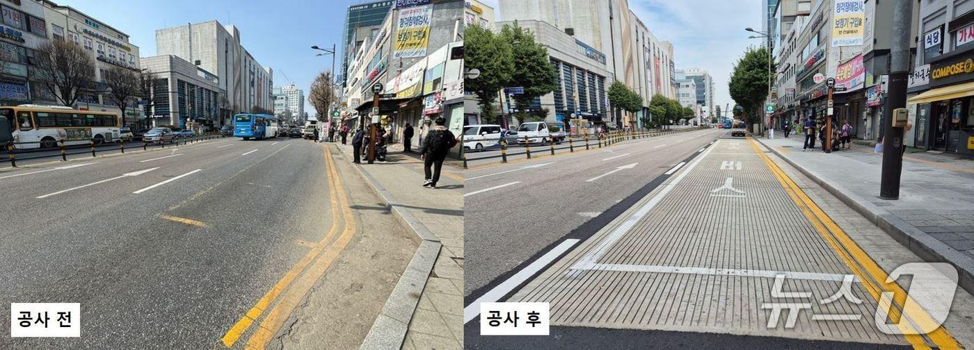 경기 안양시가 시민 이용이 많은 버스정류장 2곳을 선정해 아스팔트보다 내구성이 높은 '고강도 프리캐스트 콘크리트'로 포장했다. 사진은 남부시장 버스정류장 앞 도로 포장 전(왼쪽)과 후(오른쪽) 모습.(제공. 재판매 및 DB금지)/뉴스1