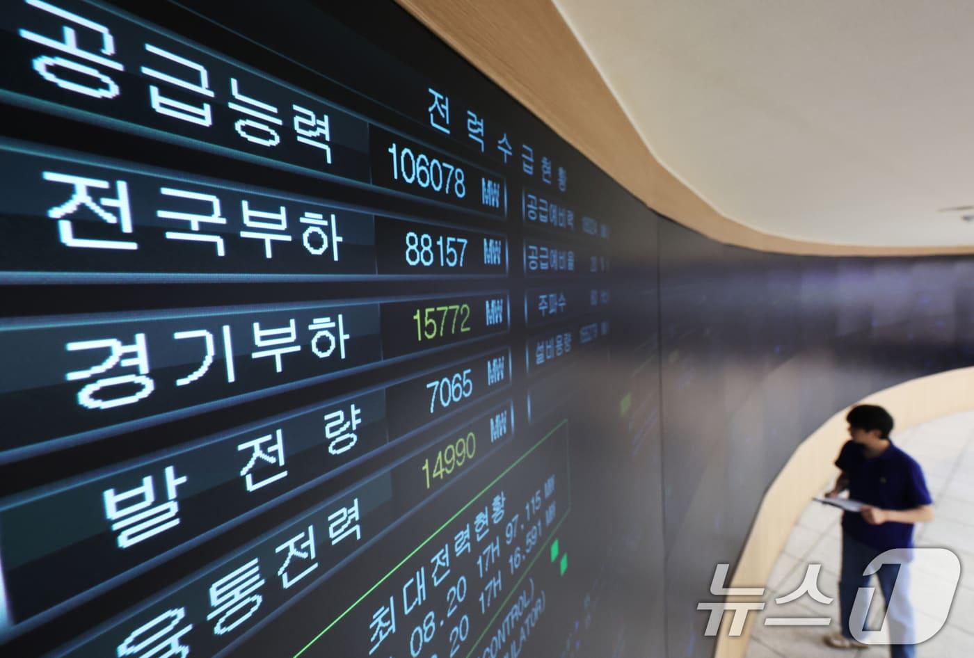 폭염이 이어지며 전력 수요가 급증하고 있는 28일 오후 경기 수원시 영통구 한국전력공사 경기본부 전력관리처 계통운영센터에서 관계자들이 전력수급상황을 주시하고 있다. (공동취재) 2025.7.28/뉴스1 ⓒ News1 김영운 기자