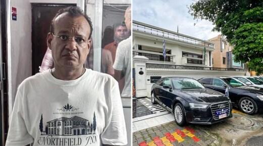 본문 이미지 - 인도에서 가짜 대사관을 차려 취업을 알선해주겠다고 속이고 돈을 챙긴 혐의로 체포된 하쉬바르단 자인(47)과 그가 실제 대사관처럼 꾸미기 위해 사용한 건물과 차량들 <출처=힌두스탄타임스 기사 갈무리>