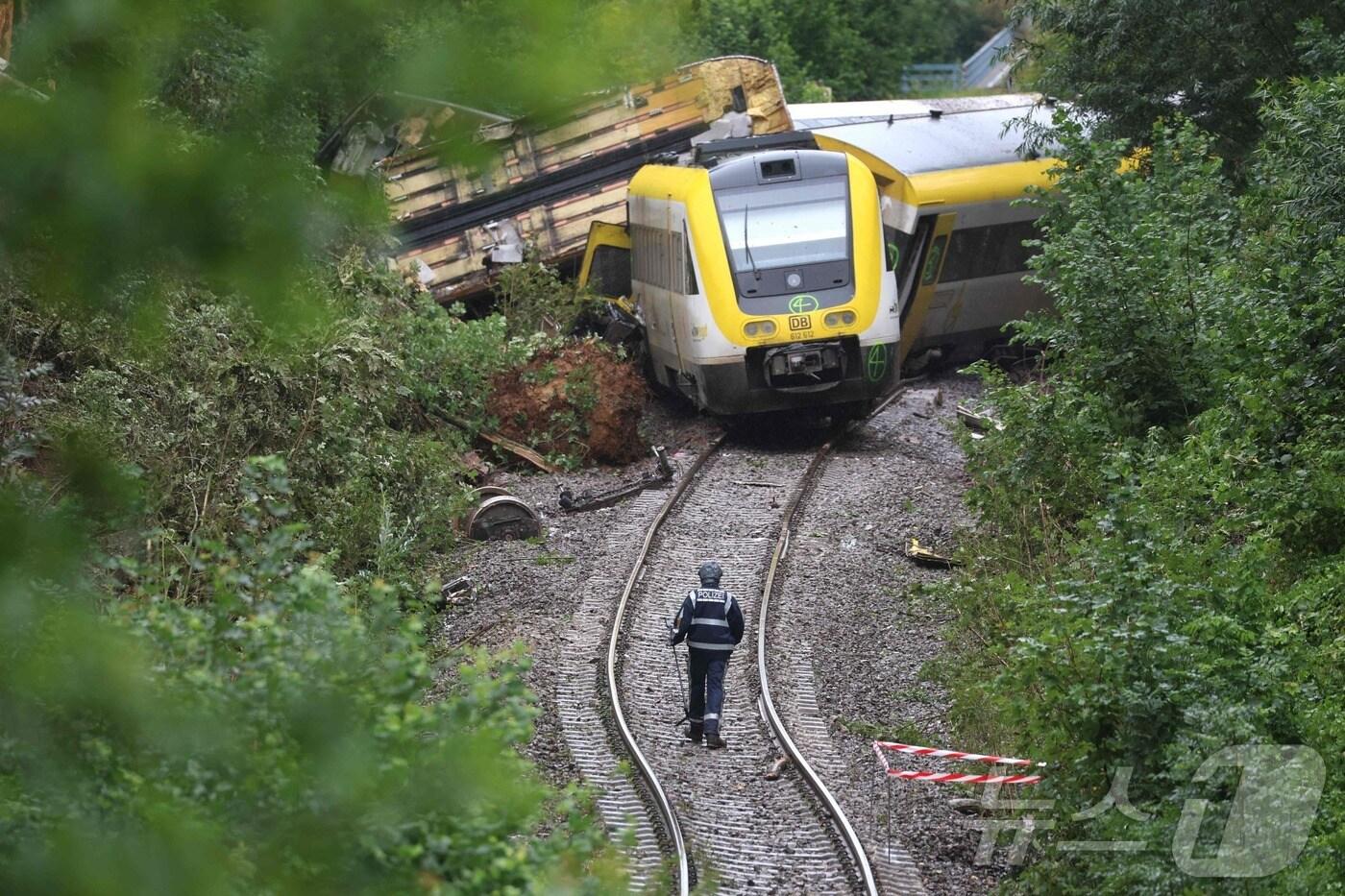 28일(현지시간) 독일 남서부 바덴뷔르템베르크주 리들링겐 근처의 숲에서 발생한 열차 탈선 사고 현장. 현지 경찰은 전날(27일) 발생한 탈선 사고로 3명이 사망했다고 밝혔다. 2025.07.27 ⓒ AFP=뉴스1 ⓒ News1 김지완 기자