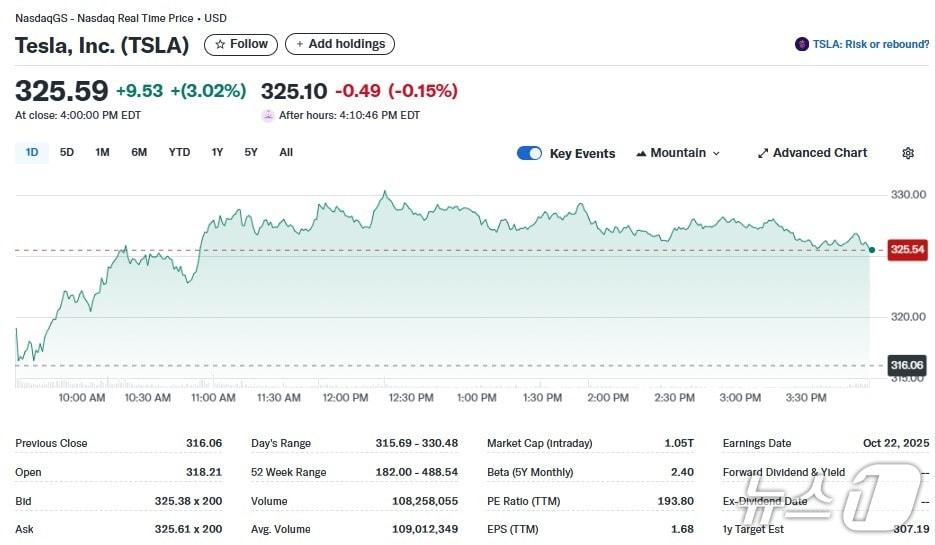 본문 이미지 - 테슬라 일일 주가추이 - 야후 파이낸스 갈무리