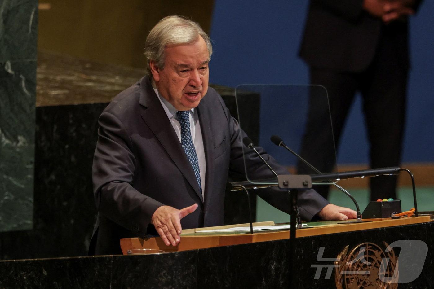 안토니우 구테흐스 유엔 사무총장이 28일 미국 뉴욕시 유엔본부에서 열린 '팔레스타인 문제의 평화적 해결과 두 국가 해법 이행을 위한 고위급 국제회의'에서 연설하고 있다. 2025.07.28.ⓒ 로이터=뉴스1